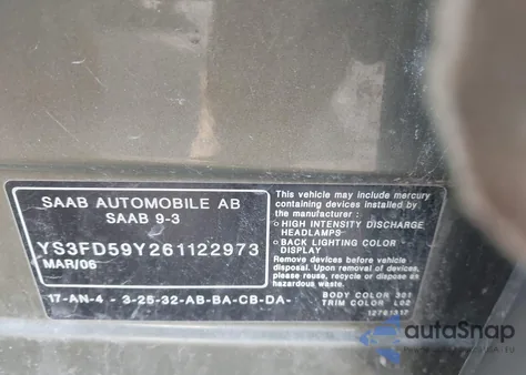 2006 Saab 9-3 2.0T z USA, uszkodzony, nr VIN YS3FD59Y261122973